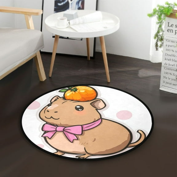 36.2 Inch Circular Floor Mat Polyester Non-Slip Carpet for Bedroom Living Room Capybara with A Bow