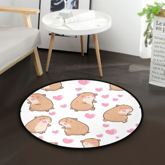36.2 Inch Circular Floor Mat Polyester Non-Slip Carpet for Bedroom Living Room Capybaras and Heart