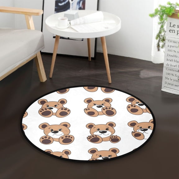 36.2 Inch Circular Floor Mat Polyester Non-Slip Carpet for Bedroom Living Room Cartoon Teddy Bear