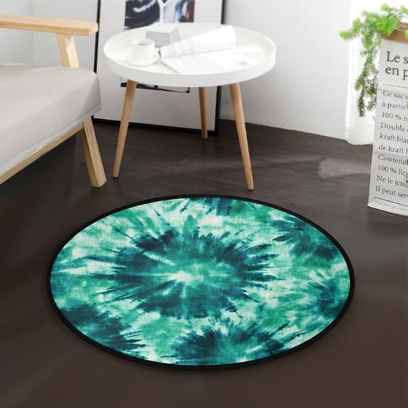36.2 Inch Circular Floor Mat Polyester Non-Slip Carpet for Bedroom Living Room Dark Teal Tie-dye Pattern