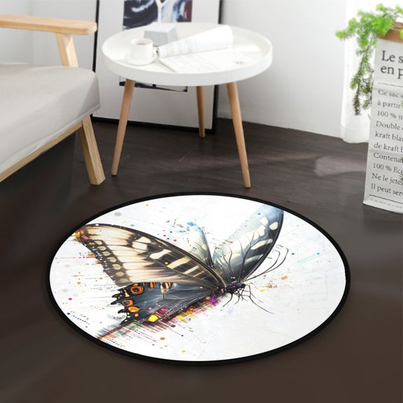 36.2 Inch Circular Floor Mat Polyester Non-Slip Carpet for Bedroom Living Room Digital Elements Butterfly