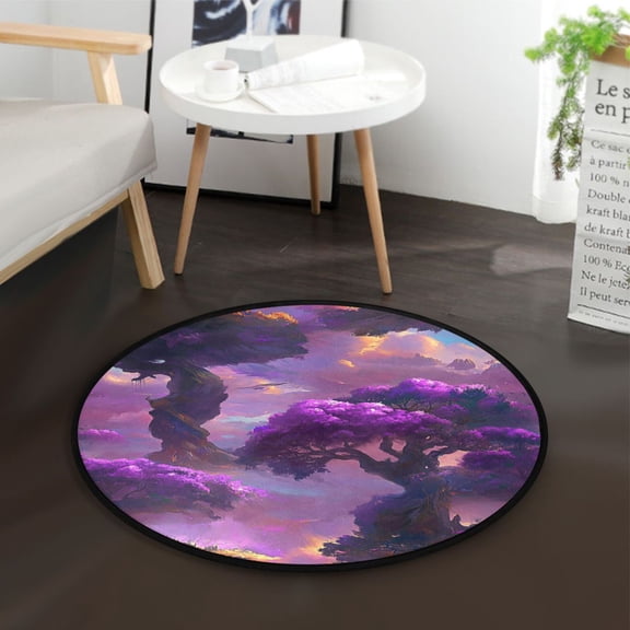 36.2 Inch Circular Floor Mat Polyester Non-Slip Carpet for Bedroom Living Room Giant Purple Tree