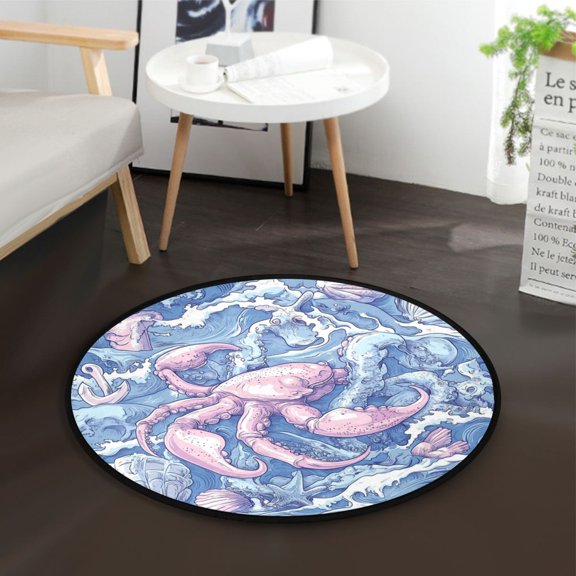 36.2 Inch Circular Floor Mat Polyester Non-Slip Carpet for Bedroom Living Room Hand-drawn Sea Creatures