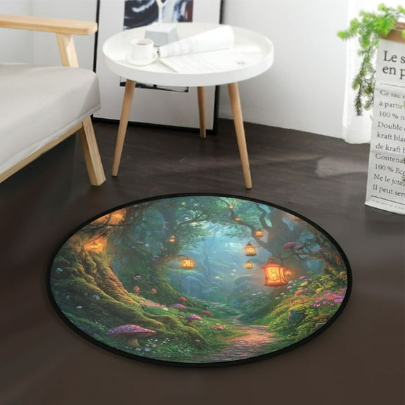 36.2 Inch Circular Floor Mat Polyester Non-Slip Carpet for Bedroom Living Room Magic Forest Scene