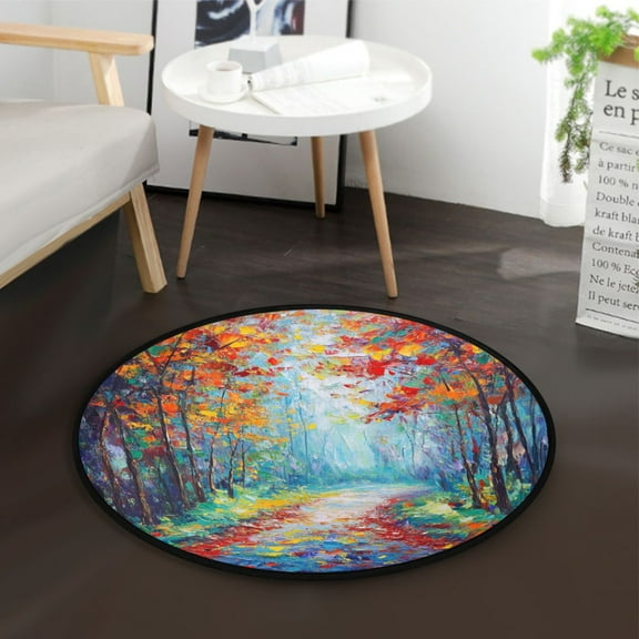 36.2 Inch Circular Floor Mat Polyester Non-Slip Carpet for Bedroom Living Room Orange Autumn Forest