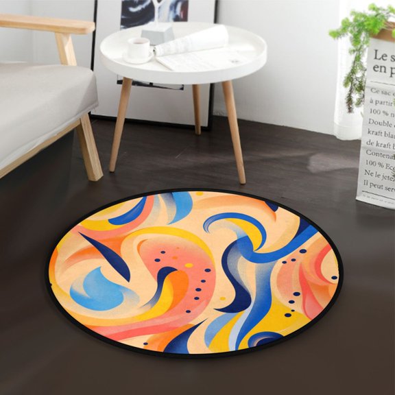 36.2 Inch Circular Floor Mat Polyester Non-Slip Carpet for Bedroom Living Room Orange Geometric Shapes