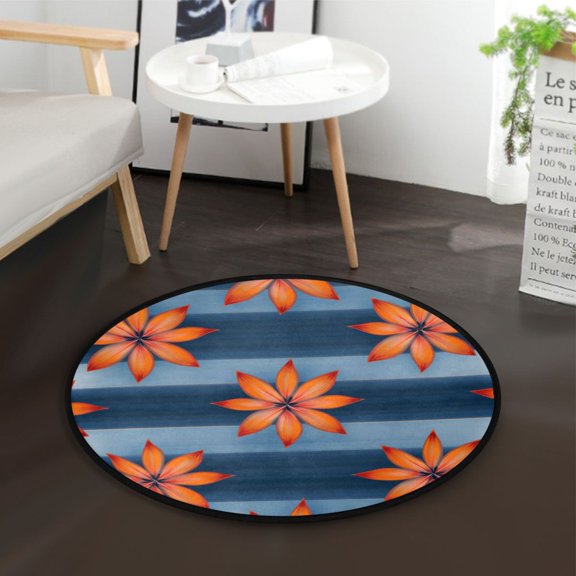 36.2 Inch Circular Floor Mat Polyester Non-Slip Carpet for Bedroom Living Room Orange Large Flowers