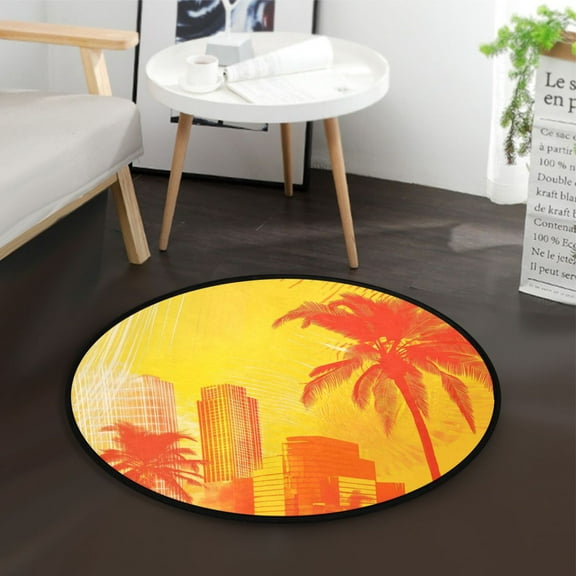 36.2 Inch Circular Floor Mat Polyester Non-Slip Carpet for Bedroom Living Room Orange Silhouettes Of Buildings