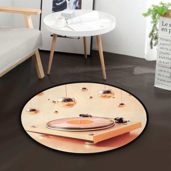 36.2 Inch Circular Floor Mat Polyester Non-Slip Carpet for Bedroom Living Room Orange Vinyl Record