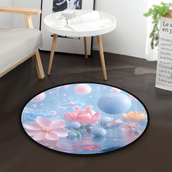 36.2 Inch Circular Floor Mat Polyester Non-Slip Carpet for Bedroom Living Room Pink Fantasy Floating Plants