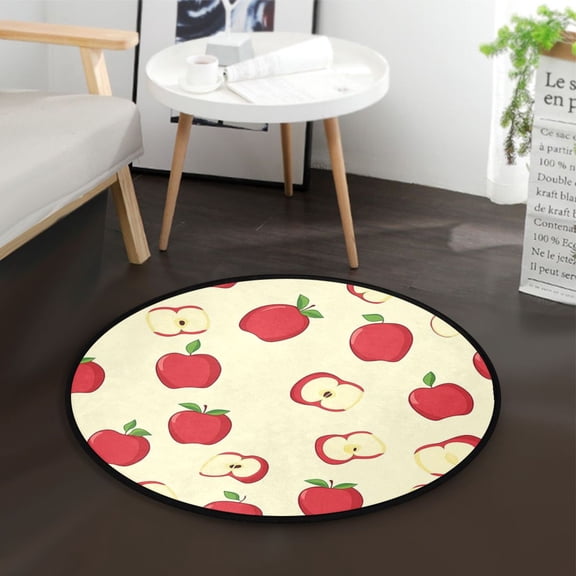 36.2 Inch Circular Floor Mat Polyester Non-Slip Carpet for Bedroom Living Room Red Apple Pattern