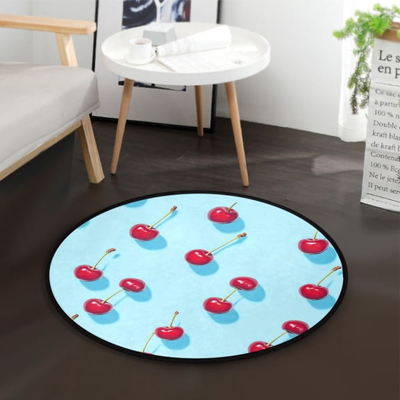 36.2 Inch Circular Floor Mat Polyester Non-Slip Carpet for Bedroom Living Room Small Cherry