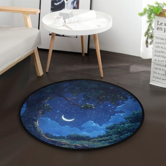 36.2 Inch Circular Floor Mat Polyester Non-Slip Carpet for Bedroom Living Room Starry Sky Moonlight