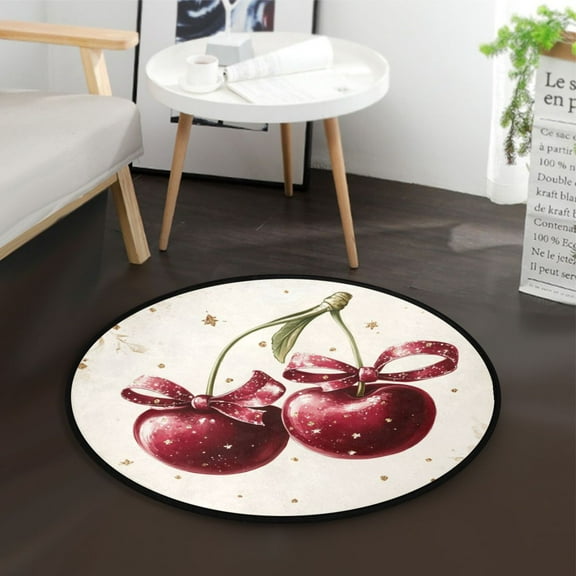 36.2 Inch Circular Floor Mat Polyester Non-Slip Carpet for Bedroom Living Room Two Cherries with Bows