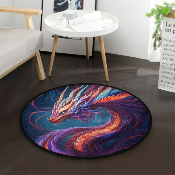 36.2 Inch Circular Floor Mat Polyester Non-Slip Carpet for Bedroom Living Room Vibrant Colors Dragon