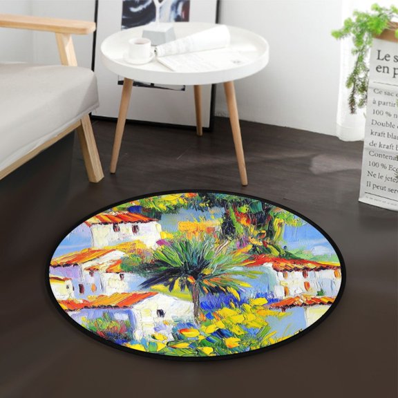 36.2 Inch Circular Floor Mat Polyester Non-Slip Carpet for Bedroom Living Room White Houses with Red Roofs