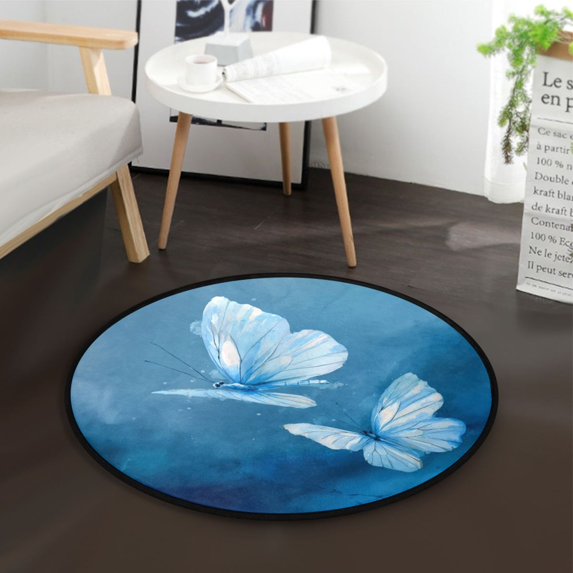 36.2 Inch Round Floor Mat Abstract Blue and White Butterfly Carpet Decor Rug for Living Room Bedroom