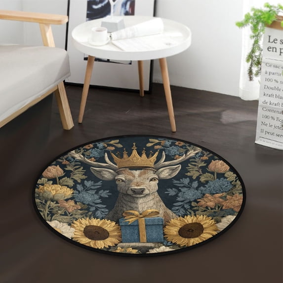 36.2 Inch Round Floor Mat Beautiful Deer Wearing A Crown Carpet Decor Rug for Living Room Bedroom