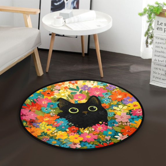 36.2 Inch Round Floor Mat Black Cat Among Colorful Flowers Carpet Decor Rug for Living Room Bedroom