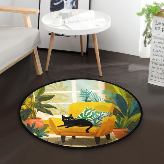 36.2 Inch Round Floor Mat Black Cat Lounging Carpet Decor Rug for Living Room Bedroom