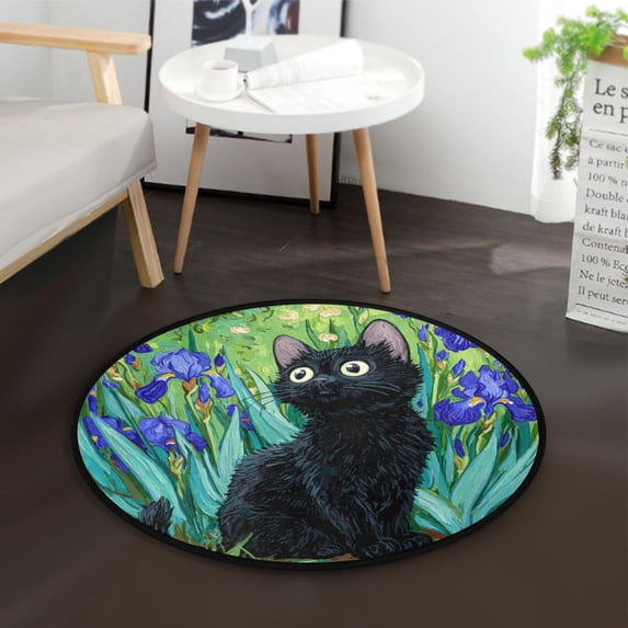 36.2 Inch Round Floor Mat Black Cat and Irises Carpet Decor Rug for Living Room Bedroom