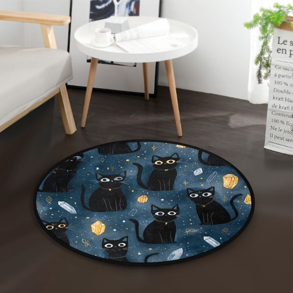 36.2 Inch Round Floor Mat Black Cats and Mystical Symbols Carpet Decor Rug for Living Room Bedroom