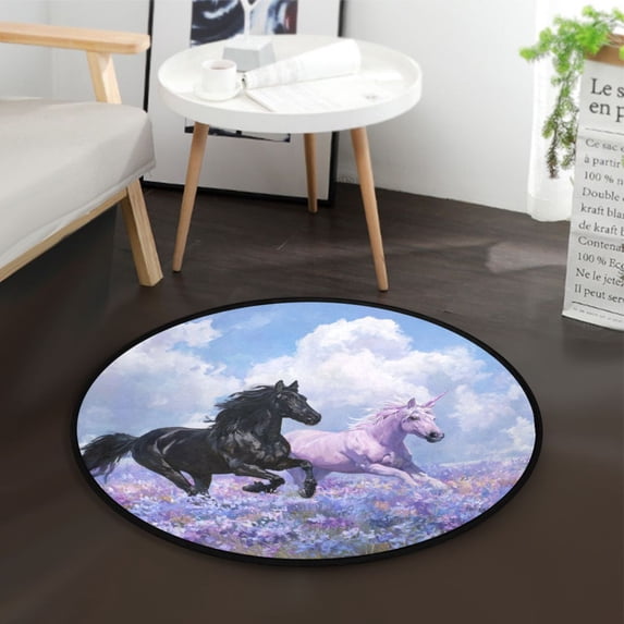 36.2 Inch Round Floor Mat Black Horse and Pink Unicorn Carpet Decor Rug for Living Room Bedroom