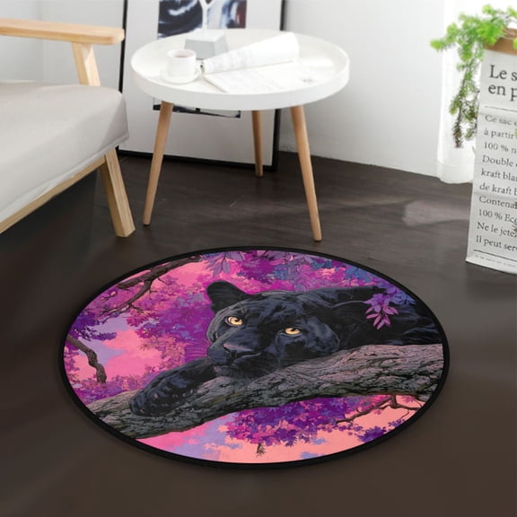 36.2 Inch Round Floor Mat Black Panther Pattern Carpet Decor Rug for Living Room Bedroom