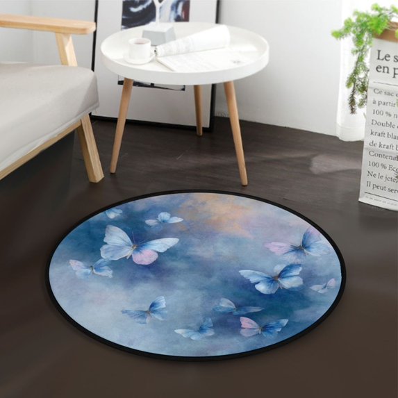 36.2 Inch Round Floor Mat Blue Butterflies Flying Carpet Decor Rug for Living Room Bedroom