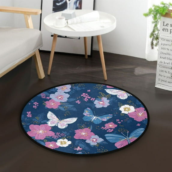 36.2 Inch Round Floor Mat Blue Butterflies and Flowers Carpet Decor Rug for Living Room Bedroom