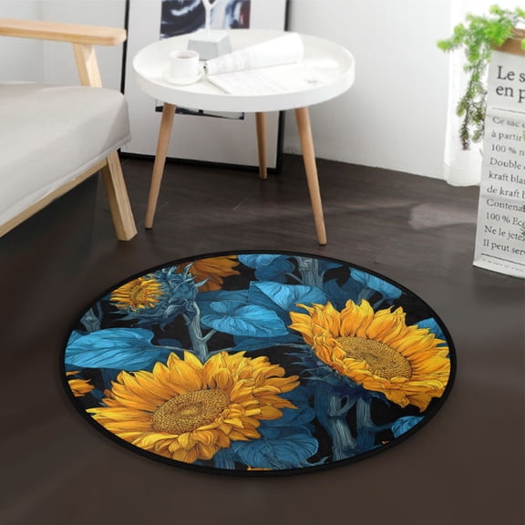 36.2 Inch Round Floor Mat Blue Leaves and Sunflowers Carpet Decor Rug for Living Room Bedroom