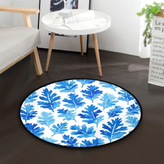 36.2 Inch Round Floor Mat Blue Oak Leaf Pattern Carpet Decor Rug for Living Room Bedroom