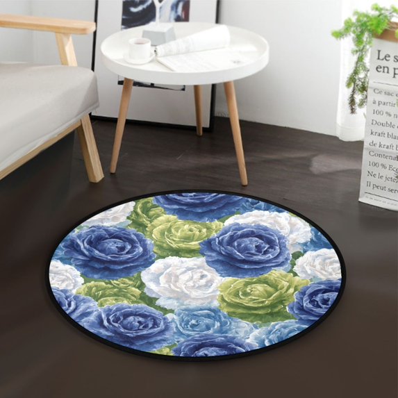 36.2 Inch Round Floor Mat Blue and Green Roses Pattern Carpet Decor Rug for Living Room Bedroom