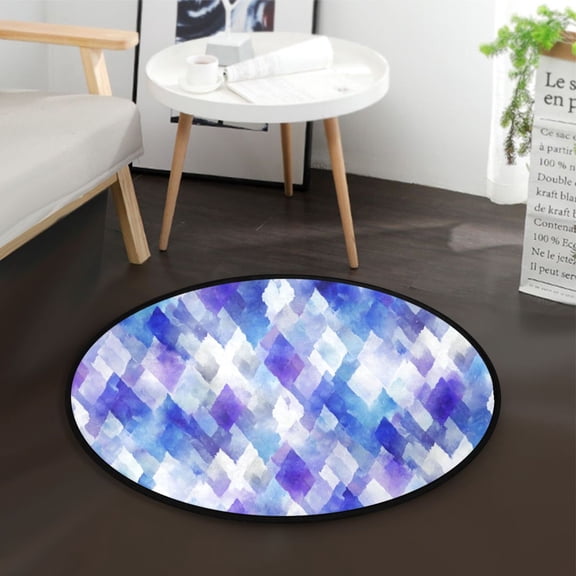 36.2 Inch Round Floor Mat Blue and Purple Rhombus Shapes Carpet Decor Rug for Living Room Bedroom