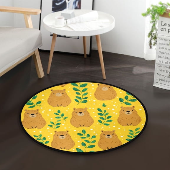 36.2 Inch Round Floor Mat Capybara and Green Leaves Carpet Decor Rug for Living Room Bedroom