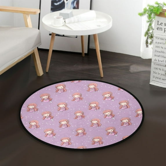 36.2 Inch Round Floor Mat Cartoon Mermaid Pattern Carpet Decor Rug for Living Room Bedroom