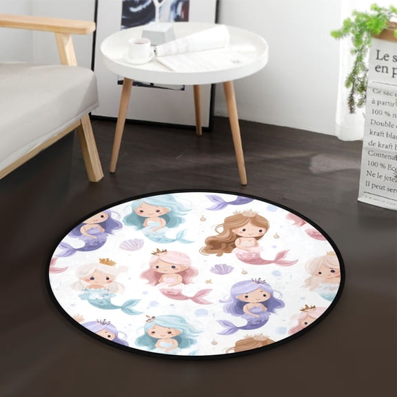 36.2 Inch Round Floor Mat Cartoon Mermaids Carpet Decor Rug for Living Room Bedroom