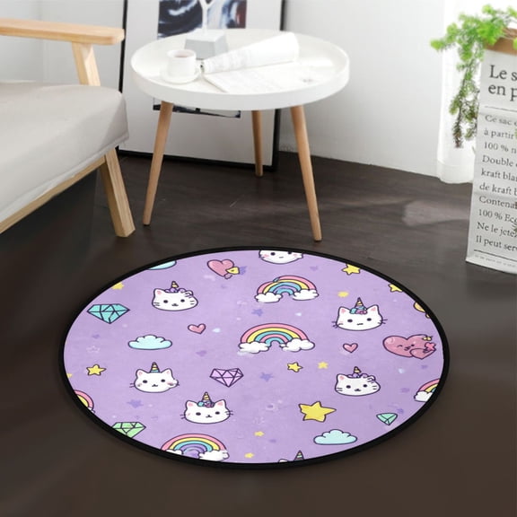 36.2 Inch Round Floor Mat Cat Face and Rainbows Pattern Carpet Decor Rug for Living Room Bedroom