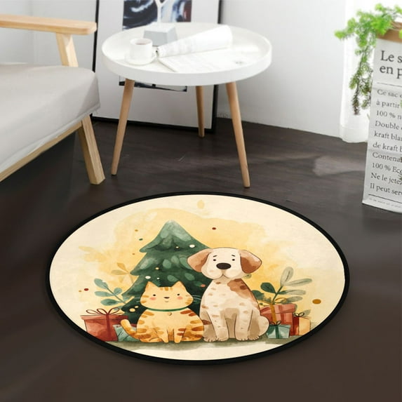 36.2 Inch Round Floor Mat Cat and Dog with Christmas Tree Carpet Decor Rug for Living Room Bedroom