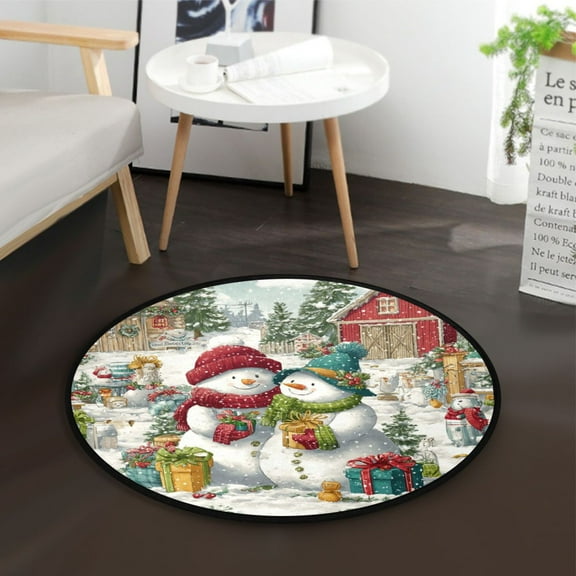 36.2 Inch Round Floor Mat Christmas Design with Snowmen Carpet Decor Rug for Living Room Bedroom