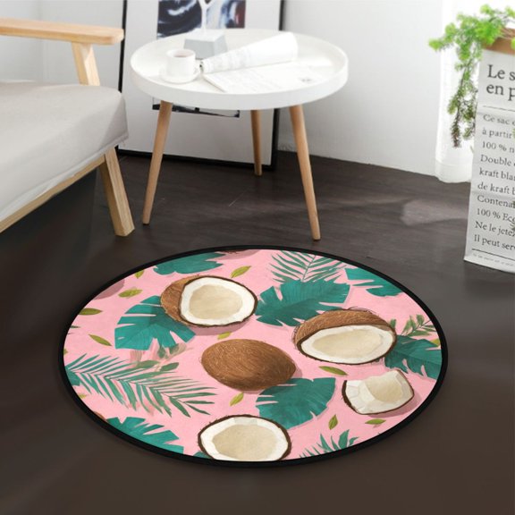 36.2 Inch Round Floor Mat Coconuts and Palm Leaves Pattern Carpet Decor Rug for Living Room Bedroom