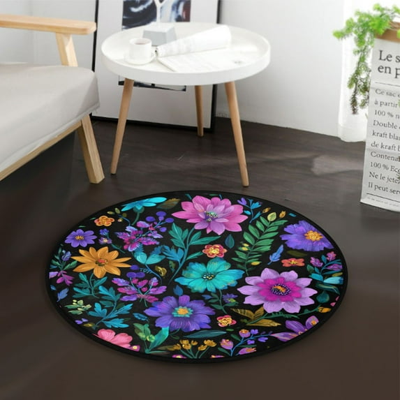 36.2 Inch Round Floor Mat Colorful Flowers and Vines Carpet Decor Rug for Living Room Bedroom