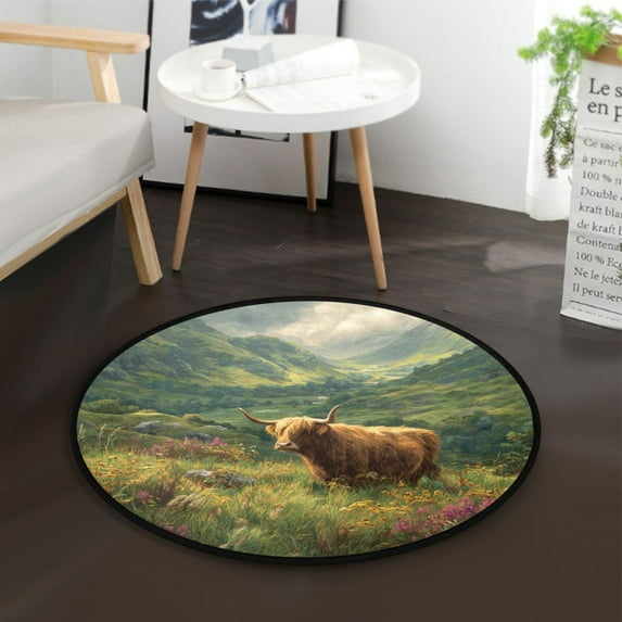 36.2 Inch Round Floor Mat Cow in Green Rolling Hills Carpet Decor Rug for Living Room Bedroom