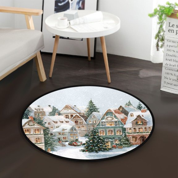 36.2 Inch Round Floor Mat Cozy Winter Town with Snow Carpet Decor Rug for Living Room Bedroom