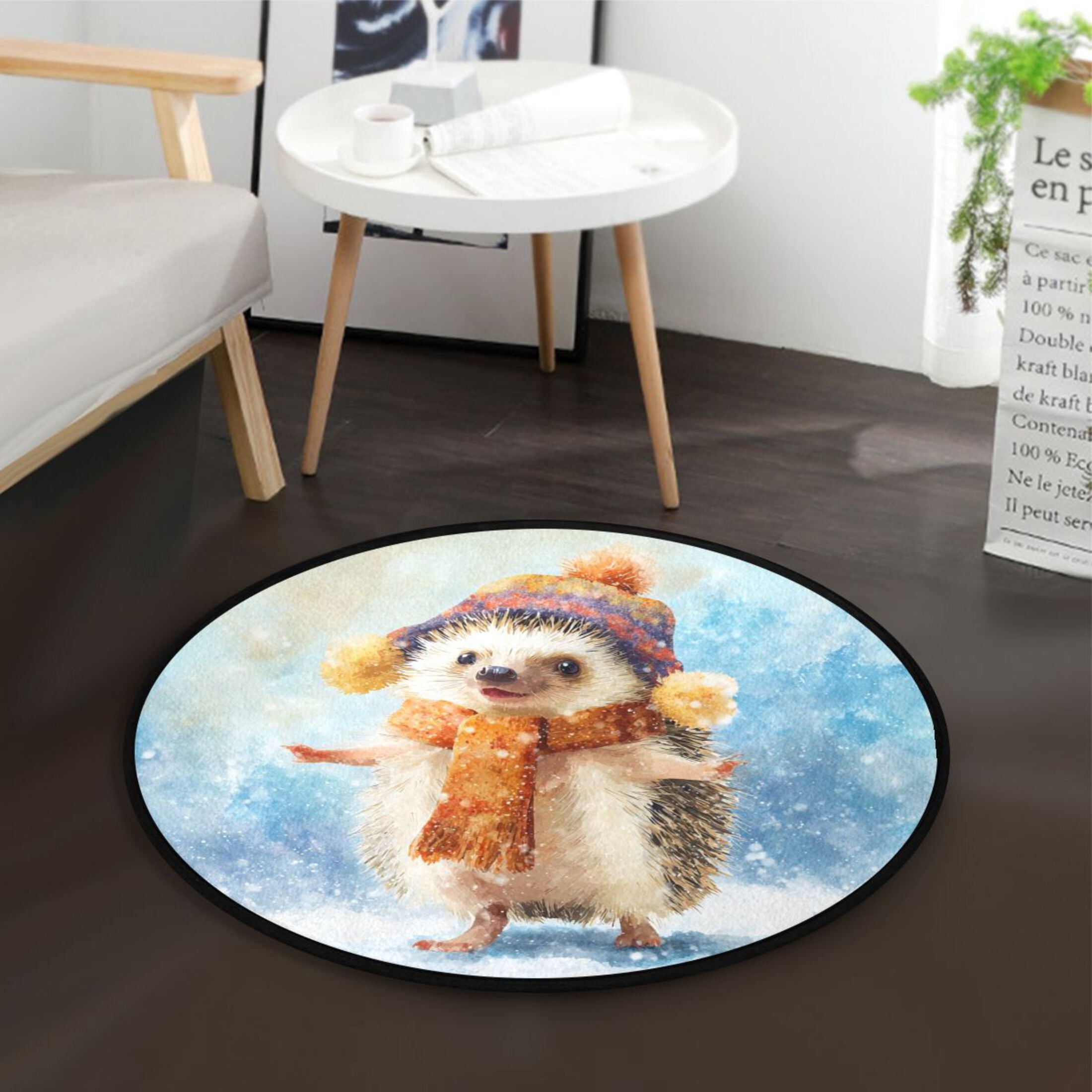 Hedgehog Rug 36.2 Inch Round Floor Mat Cute Hedgehog in Hat Carpet Decor Rug for ...