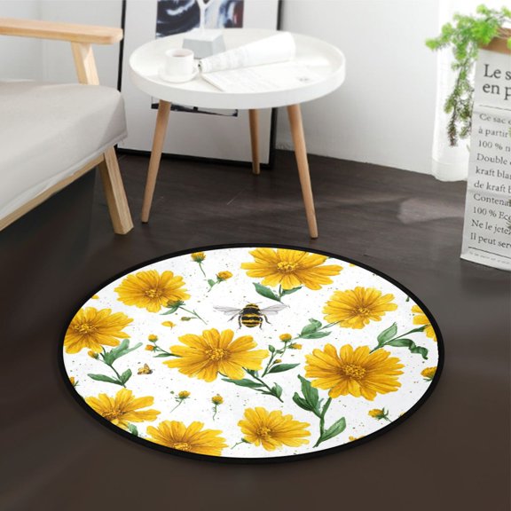 36.2 Inch Round Floor Mat Daisies and Bees Pattern Carpet Decor Rug for Living Room Bedroom
