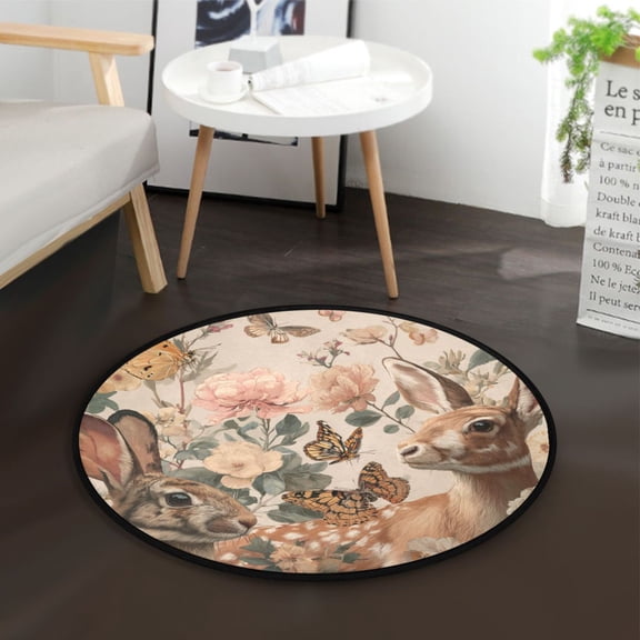 36.2 Inch Round Floor Mat Deer and Butterflies Pattern Carpet Decor Rug for Living Room Bedroom