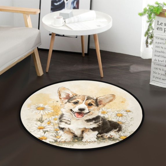36.2 Inch Round Floor Mat Dog Surrounded by Daisies Carpet Decor Rug for Living Room Bedroom