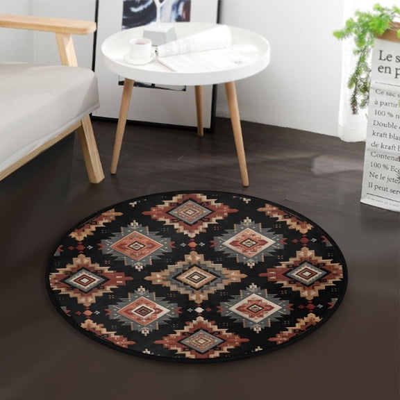 36.2 Inch Round Floor Mat Earthy Tones Rhombus Shape Carpet Decor Rug for Living Room Bedroom