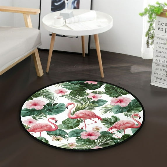 36.2 Inch Round Floor Mat Flamingo and Tropical Leaves Carpet Decor Rug for Living Room Bedroom